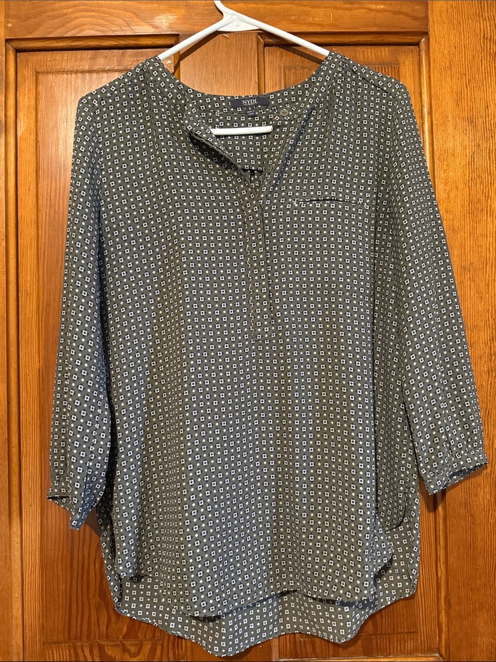 NYDJ Olive Green Geometric Split-Neck Tunic Top